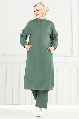 moda selvim Yandan Yırtmaçlı Tesettür Takım 6036UZ662 Mint - Thumbnail