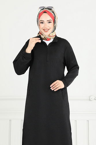 moda selvim Yandan Yırtmaçlı Tesettür Takım 6036UZ662 Siyah - Thumbnail