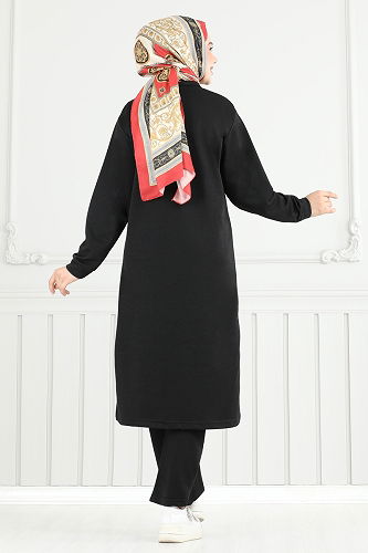 moda selvim Yandan Yırtmaçlı Tesettür Takım 6036UZ662 Siyah - Thumbnail