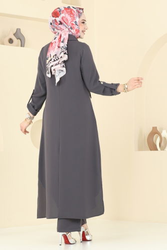 moda selvim Yandan Yırtmaçlı Tesettür Takım 2631SL432 Antrasit - Thumbnail