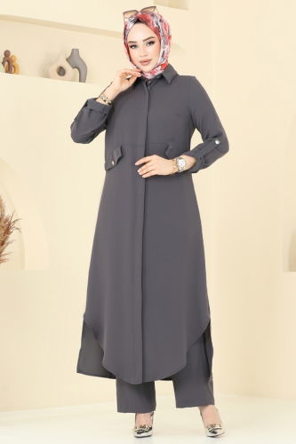 moda selvim Yandan Yırtmaçlı Tesettür Takım 2631SL432 Antrasit - Thumbnail