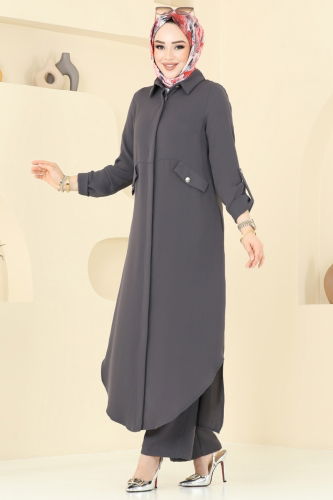 moda selvim Yandan Yırtmaçlı Tesettür Takım 2631SL432 Antrasit - Thumbnail