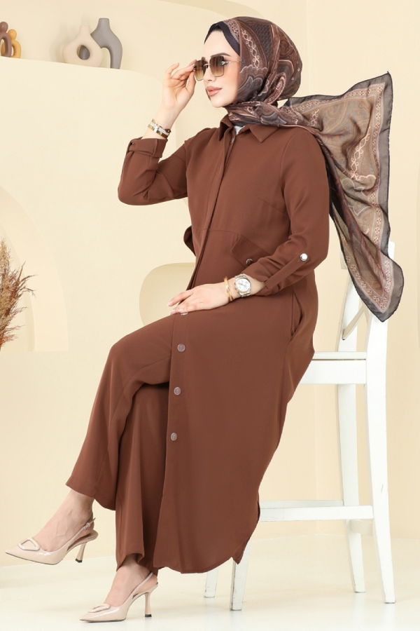 Modaselvim Kombin Yandan Yırtmaçlı Tesettür Takım 2631SL432 Kahve