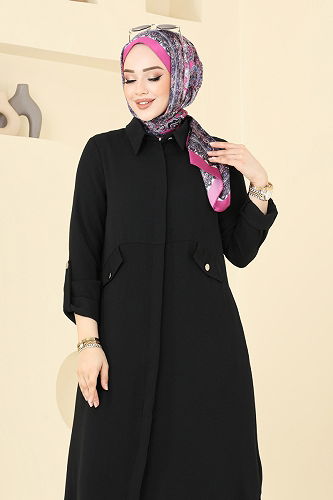moda selvim Yandan Yırtmaçlı Tesettür Takım 2631SL432 Siyah - Thumbnail