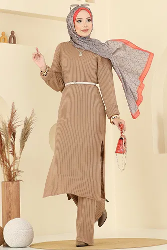 moda selvim Yandan Yırtmaçlı Triko Takım 1020KLB1050 Latte - Thumbnail