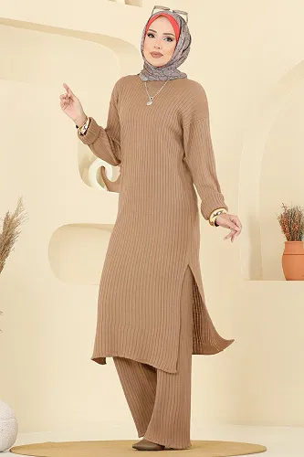 moda selvim Yandan Yırtmaçlı Triko Takım 1020KLB1050 Latte - Thumbnail