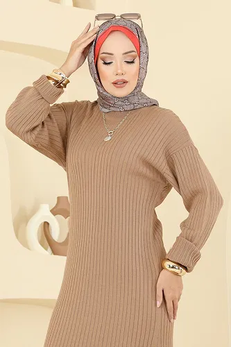 moda selvim Yandan Yırtmaçlı Triko Takım 1020KLB1050 Latte - Thumbnail