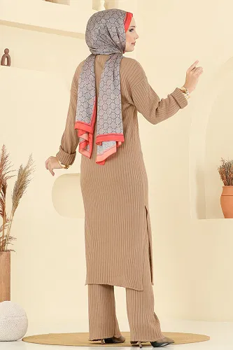 moda selvim Yandan Yırtmaçlı Triko Takım 1020KLB1050 Latte - Thumbnail