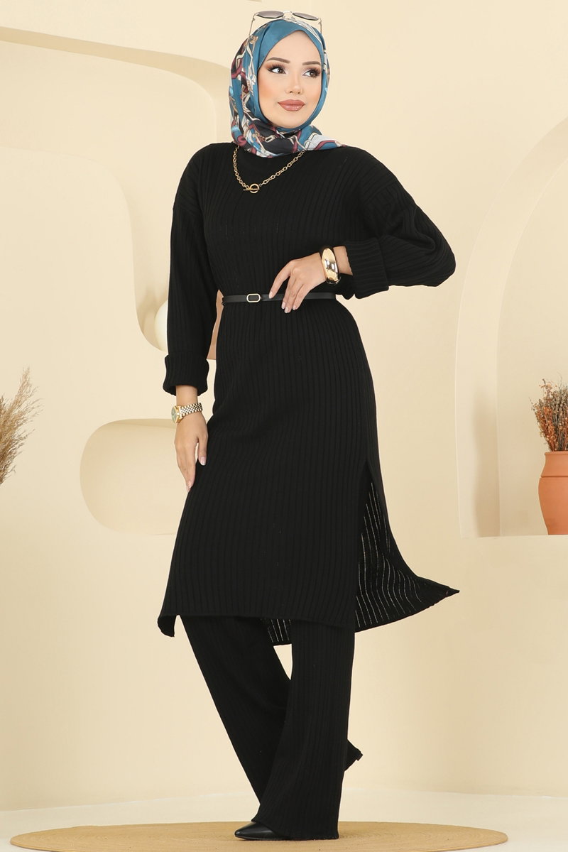 Yandan Yırtmaçlı Triko Takım 1020KLB1050 Siyah