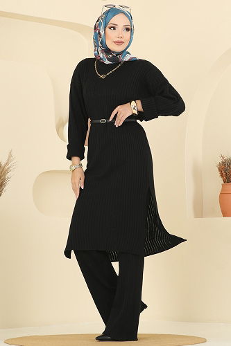 moda selvim Yandan Yırtmaçlı Triko Takım 1020KLB1050 Siyah - Thumbnail