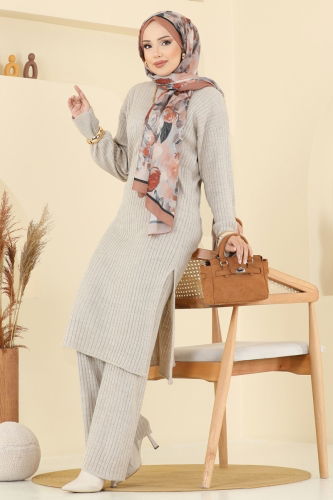 K.L.B. - Yandan Yırtmaçlı Triko Takım 1020KLB1050 Taş