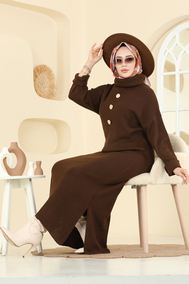 Yandan Yırtmaçlı Triko Tunik 2760AYD574 Kahve