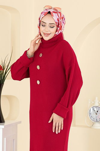 moda selvim Yandan Yırtmaçlı Triko Tunik 2760AYD574 Kırmızı - Thumbnail