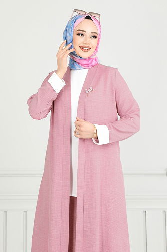 moda selvim Yandan Yırtmaçlı Üçlü Takım 1774LVN1041 Açık Gül Kurusu - Thumbnail