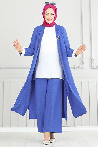 moda selvim Yandan Yırtmaçlı Üçlü Takım 1774LVN1041 İndigo - Thumbnail