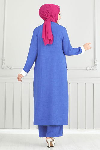 moda selvim Yandan Yırtmaçlı Üçlü Takım 1774LVN1041 İndigo - Thumbnail