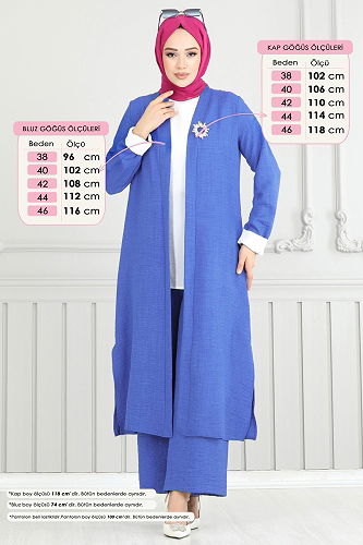 moda selvim Yandan Yırtmaçlı Üçlü Takım 1774LVN1041 İndigo - Thumbnail