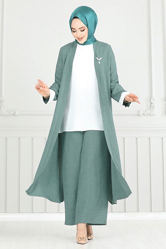 moda selvim Yandan Yırtmaçlı Üçlü Takım 1774LVN1041 Mint - Thumbnail