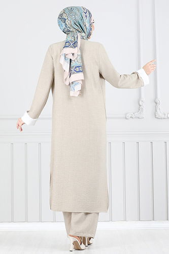 moda selvim Yandan Yırtmaçlı Üçlü Takım 1774LVN1041 Taş - Thumbnail