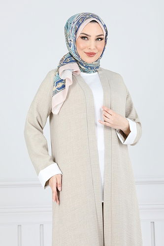 moda selvim Yandan Yırtmaçlı Üçlü Takım 1774LVN1041 Taş - Thumbnail