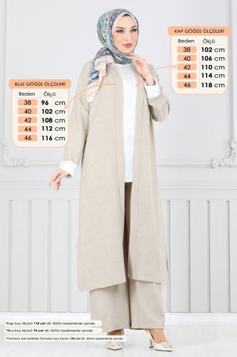 moda selvim Yandan Yırtmaçlı Üçlü Takım 1774LVN1041 Taş - Thumbnail