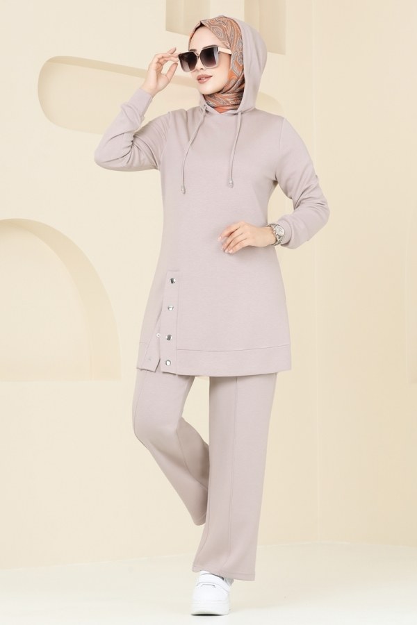 Modaselvim KURBAN BAYRAMI İNDİRİMİ Yanı Çıtçıtlı Modal Kumaş Takım 2549SL432 Taş