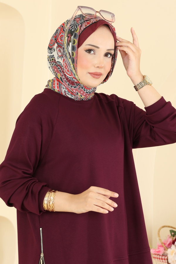 Modaselvim Kombin Yanlardan Fermuarlı 2 li Takım 4025HN394 Bordo