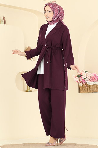 moda selvim Yanları Düğmeli İkili Takım 0358BG354 Bordo - Thumbnail