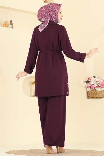 moda selvim Yanları Düğmeli İkili Takım 0358BG354 Bordo - Thumbnail