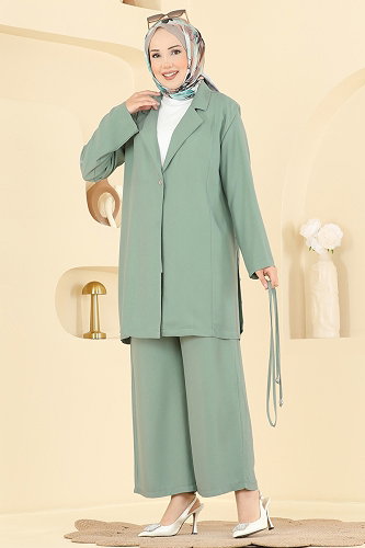 moda selvim Yanları Düğmeli İkili Takım 0358BG354 Mint - Thumbnail