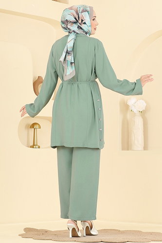 moda selvim Yanları Düğmeli İkili Takım 0358BG354 Mint - Thumbnail