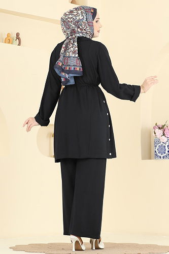 moda selvim Yanları Düğmeli İkili Takım 0358BG354 Siyah - Thumbnail