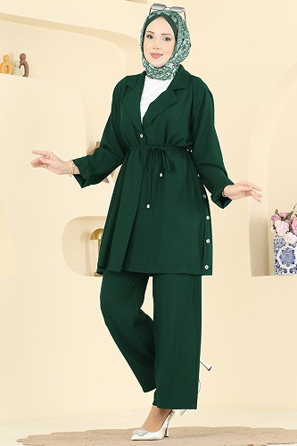 moda selvim Yanları Düğmeli İkili Takım 0358BG354 Zümrüt - Thumbnail