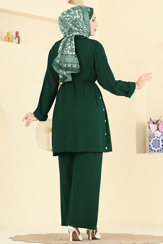 moda selvim Yanları Düğmeli İkili Takım 0358BG354 Zümrüt - Thumbnail