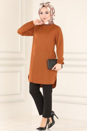 moda selvim Yanları Düğmeli Mira Tunik 2013MRT754 Taba - Thumbnail