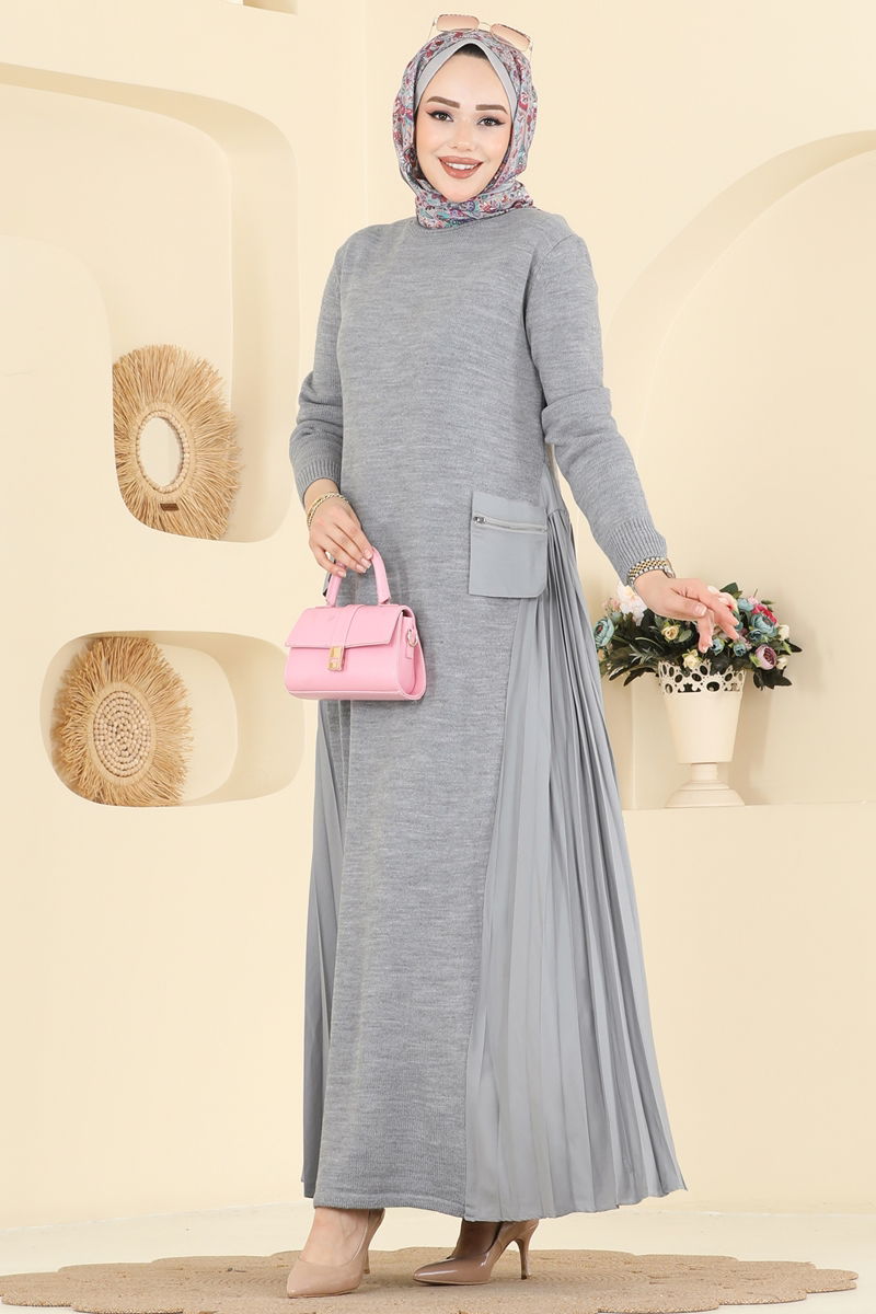 Yanları Piliseli Triko Elbise 7610UZ662 Gri