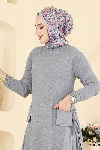 moda selvim Yanları Piliseli Triko Elbise 7610UZ662 Gri - Thumbnail