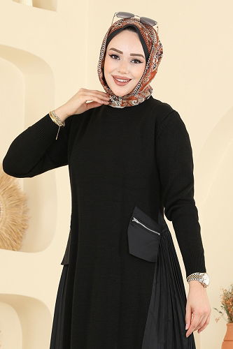 moda selvim Yanları Piliseli Triko Elbise 7610UZ662 Siyah - Thumbnail