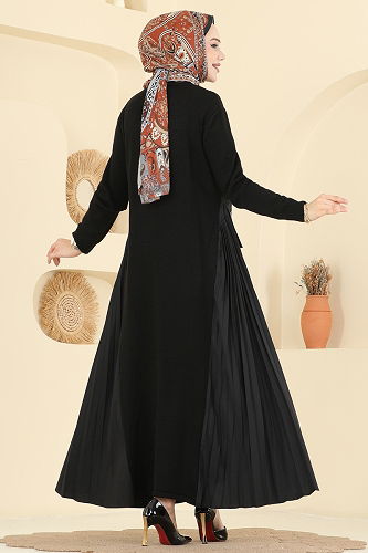 moda selvim Yanları Piliseli Triko Elbise 7610UZ662 Siyah - Thumbnail