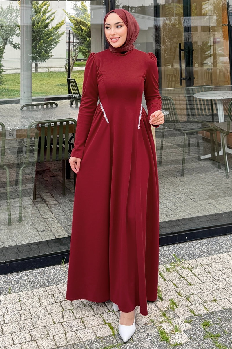 Yanları Taşlı Örme Krep Elbise 4688ALGK1170 Bordo
