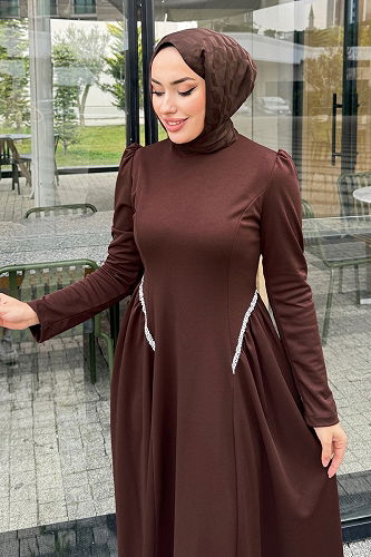 moda selvim Yanları Taşlı Örme Krep Elbise 4688ALGK1170 Kahve - Thumbnail