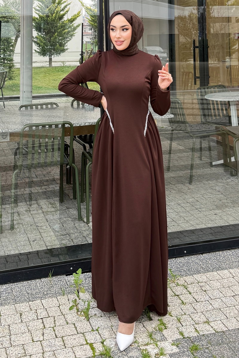 Yanları Taşlı Örme Krep Elbise 4688ALGK1170 Kahve