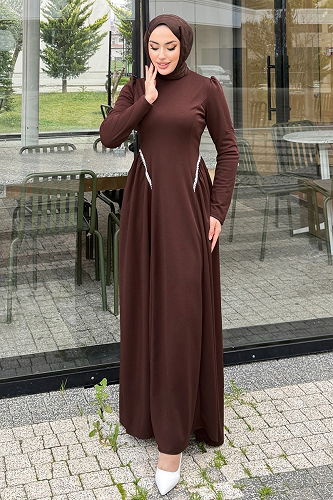 moda selvim Yanları Taşlı Örme Krep Elbise 4688ALGK1170 Kahve - Thumbnail
