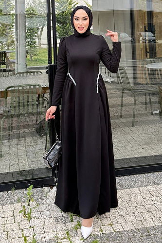 moda selvim Yanları Taşlı Örme Krep Elbise 4688ALGK1170 Siyah - Thumbnail