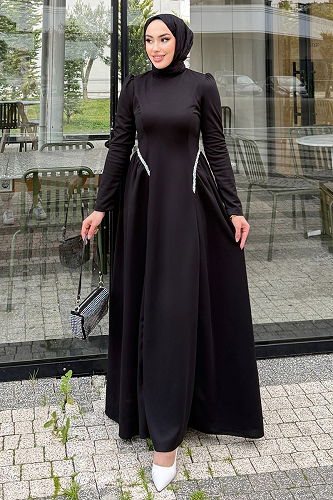 moda selvim Yanları Taşlı Örme Krep Elbise 4688ALGK1170 Siyah - Thumbnail