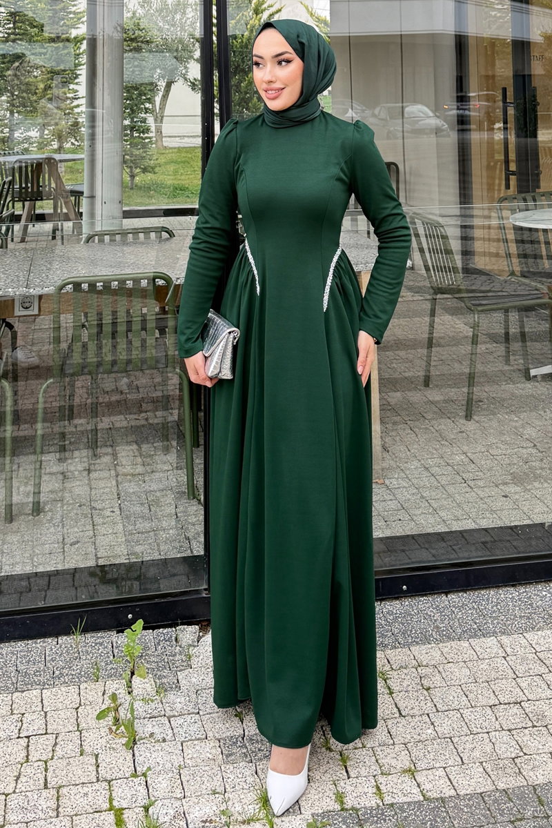 Yanları Taşlı Örme Krep Elbise 4688ALGK1170 Zümrüt