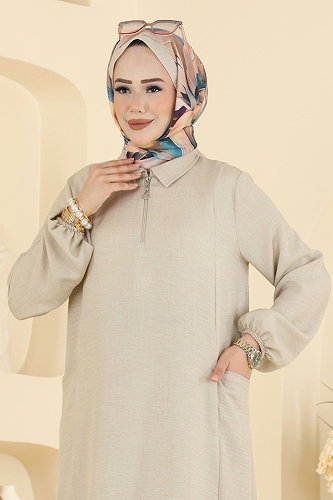 moda selvim Yanları Yırtmaçlı 2 li Takım 24042UKB139 Bej - Thumbnail