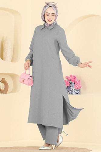 moda selvim Yanları Yırtmaçlı 2 li Takım 24042UKB139 Koyu Gri - Thumbnail