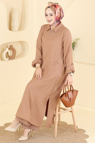 moda selvim Yanları Yırtmaçlı 2 li Takım 24042UKB139 Latte - Thumbnail