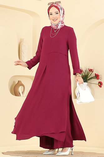 moda selvim Yanları Yırtmaçlı 2 li Takım 2907SLK540 Vişne - Thumbnail